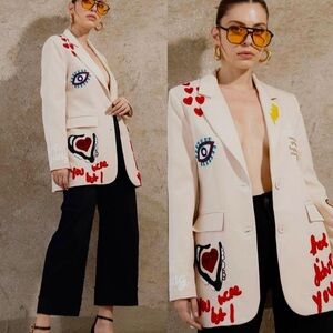 Artistic Cream Blazer with Heart and Eye Designs